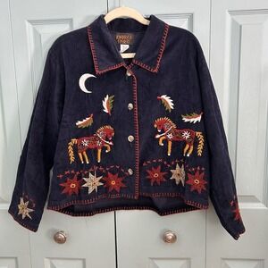 Kindred Spirit Womens Navy Embroidered Corduroy Jacket Medium Art To Wear Artsy